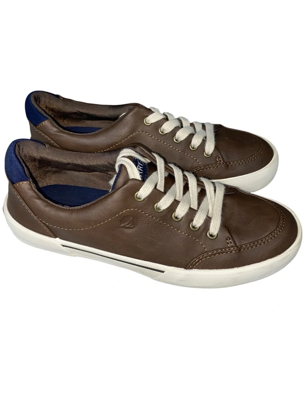 Sperry Boys Harbor Tide Sneaker Chocolate Brown Faux Leather White Laces Size 3
